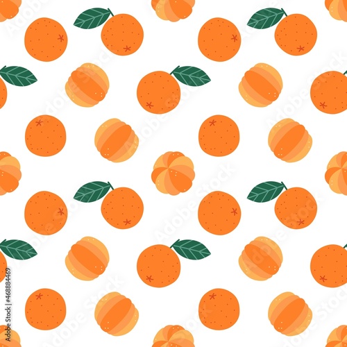 Fototapeta Naklejka Na Ścianę i Meble -  Abstract seamless vector pattern with hand drawn whole and peeled oranges. Fun tropical citrus texture. Fruity background for wrapping paper, card, gift, fabric, wallpaper, textile, print, fabric.