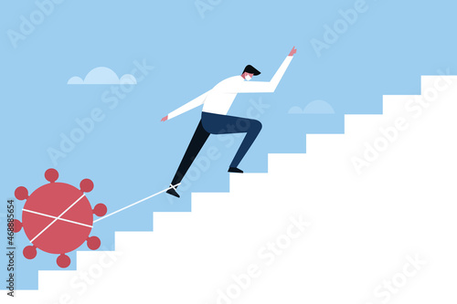 Illustration of a man climbing up the steps with covid-19 virus tied to his leg. Concept for post Covid challenge