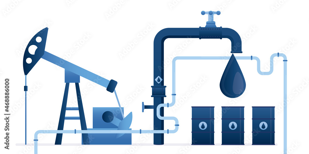 Fototapeta premium Process of extracting various petroleum products. Pump pumps out oil and gasoline. Drop falls from faucet into barrel