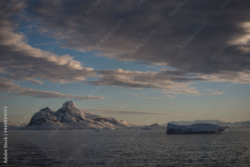 Mountain view from ship at sunset in Antarctica