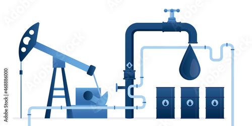 Process of extracting various petroleum products. Pump pumps out oil and gasoline. Drop falls from faucet into barrel