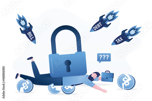 Business bankruptcy in pandemic lockdown crisis, unemployment. Financial problems. Depressed businessman under heavy padlock, debt burden. Money loss.