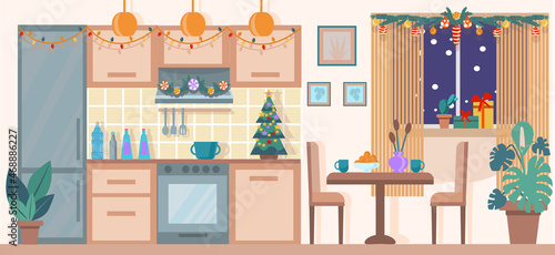 Christmas kitchen interior. Christmas decorations xmas tree, holiday decorations. Vector flat cartoon illustration