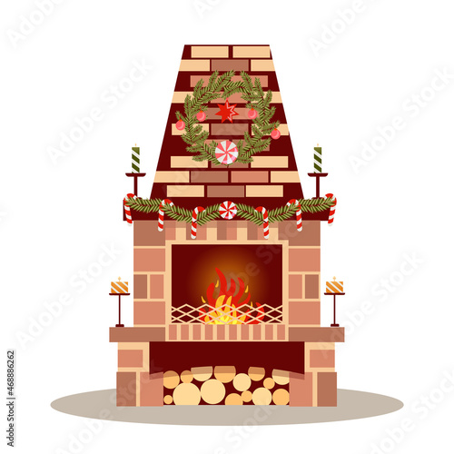 Christmas brick fireplace decorated with garland, wreath and candles. Happy new year decoration. Winter holiday and xmas celebration. Vector illustration flat cartoon style