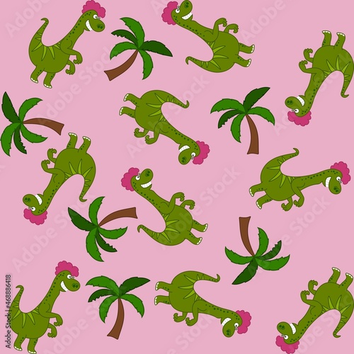 Print pattern with green lizard dinosaur and trees on pink background 