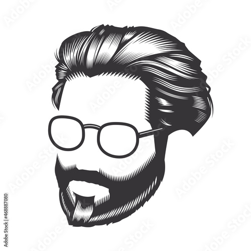 Man face with vintage hairstyles beard and sunglass vector line art illustration.