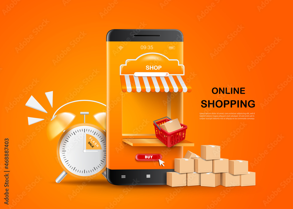 Red baskets and parcel boxes are placed in front of the smartphone shop