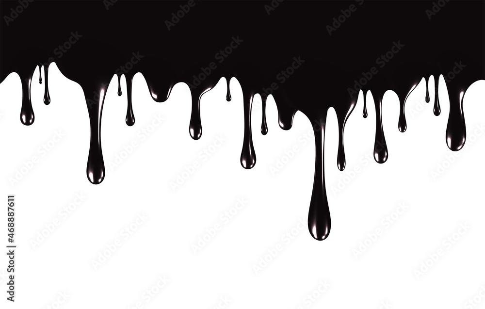 Realistic black paint drips isolated on a white background. The flowing black liquid. Dripping paint. Vector illustration