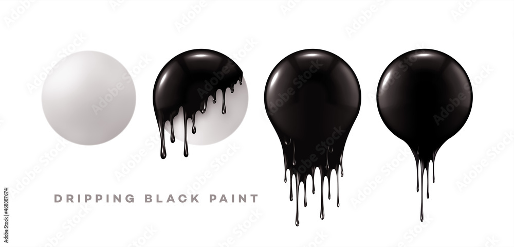 © vik_y - Set of 3d realistic spheres with black paint drips isolated on a white background. Dripping paint on white round shapes. Vector illustration
