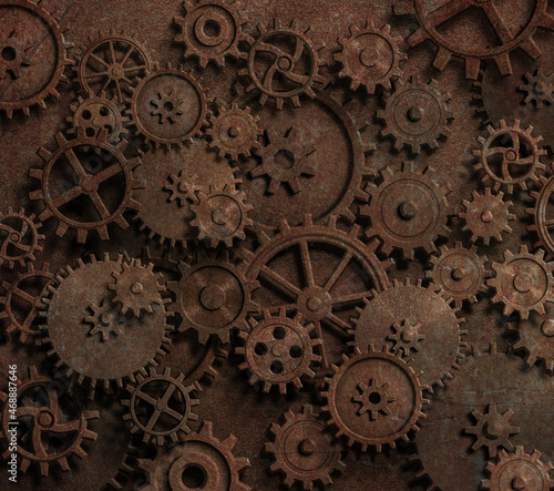 Old rustic gears and cogs clock mechanism. 3d illustration.