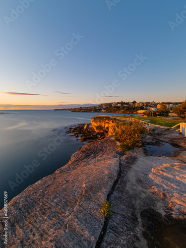 Golden hour view of Sydney ocean coastline, Australia.