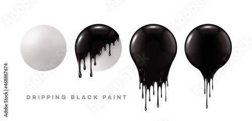 Slika na platnu Set of 3d realistic spheres with black paint drips isolated on a white background