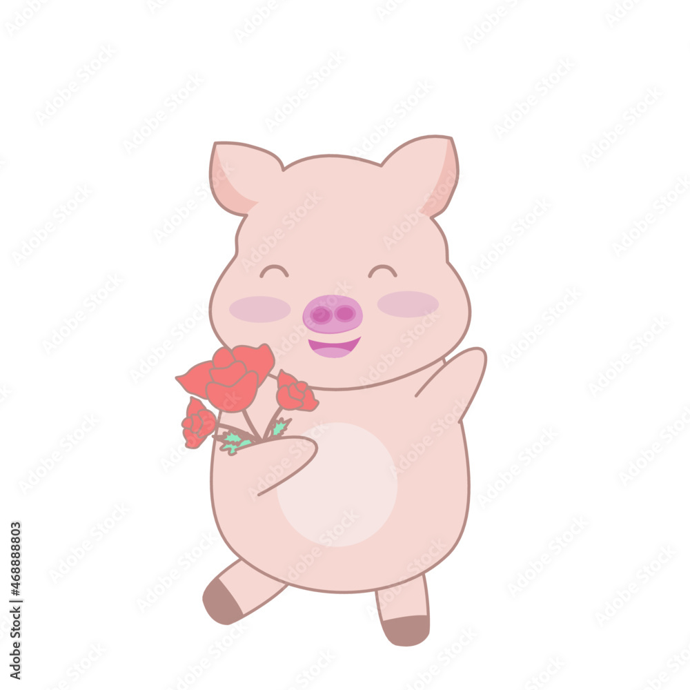 cute pig cartoon isolated on white background Vector illustration, cute pig holding rose. cute pig cartoon isolated on white background Vector illustration, cute pig holding rose.