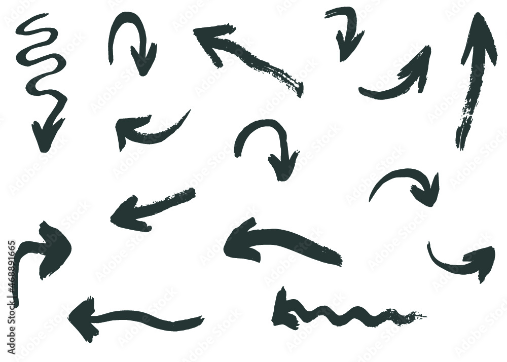 Grunge vector arrows. Dry brush strokes, hand drawn	