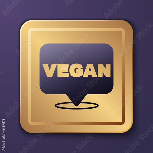 Purple Vegan food diet icon isolated Purple background. Organic, bio, eco symbol. Vegan, no meat, lactose free, healthy, fresh and nonviolent food. Gold square button. Vector