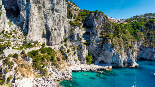 Beautiful coastline in Marina Piccola, Capri. Aerial view from drone. © jovannig