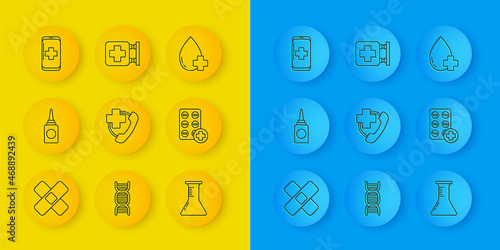 Set line Crossed bandage plaster, Bottle nasal spray, Emergency phone call to hospital, Test tube flask, Pills in blister pack, mobile, Donate drop blood with cross and Hospital signboard icon. Vector