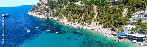 Beautiful coastline in Marina Piccola, Capri. Aerial view from drone.