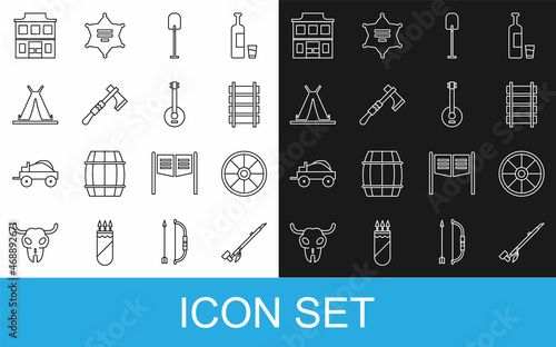 Set line Native American indian smoking pipe, Old wooden wheel, Railway, railroad track, Shovel, Tomahawk axe, Indian teepee or wigwam, Wild west saloon and Banjo icon. Vector