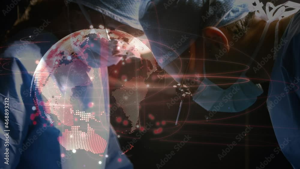 Animation of globe with network of connections over surgeons in operating theatre Animation of globe with network of connections over surgeons in operating theatre