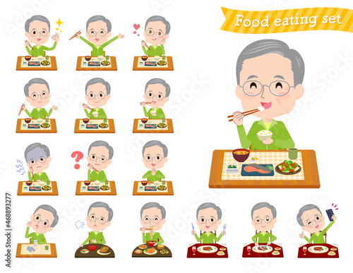 食事に関する緑ジャージ高齢男性のセット