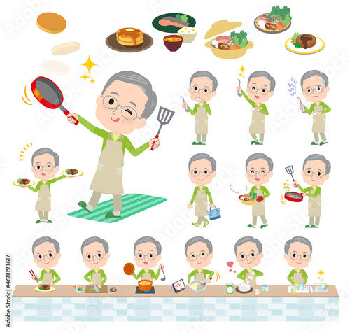 料理に関する緑ジャージ高齢男性のセット