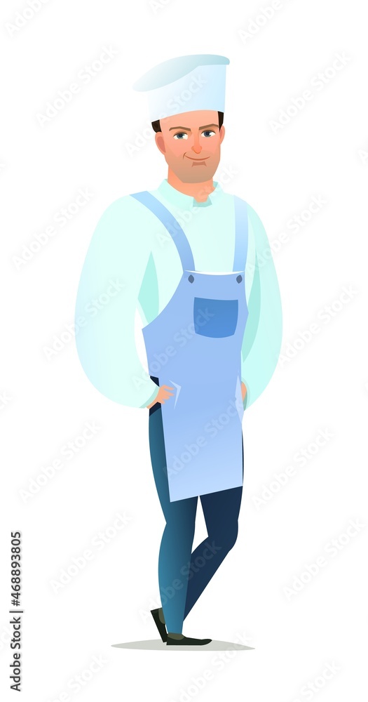Male cook in overalls. Guy from kitchen in an apron. Cheerful person. Standing pose. Cartoon comic style flat design. Single character. Illustration isolated on white background. Vector Male cook in overalls. Guy from kitchen in an apron. Cheerful person. Standing pose. Cartoon comic style flat design. Single character. Illustration isolated on white background. Vector
