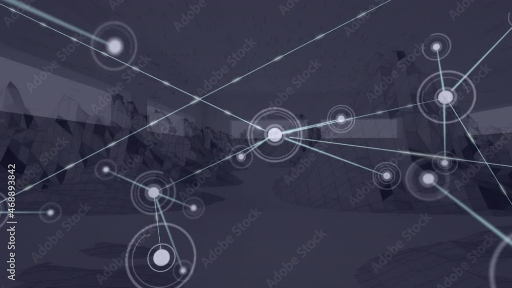 Animation of networks of connections with glowing spots over spinning mountains Animation of networks of connections with glowing spots over spinning mountains
