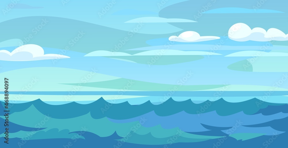 Seascape. Skyline of the blue sea. Illustration in cartoon style. Cloudy windy weather and waves. Vector.