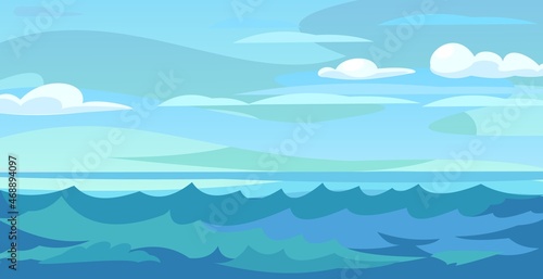 Seascape. Skyline of the blue sea. Illustration in cartoon style. Cloudy windy weather and waves. Vector. © Ирина Мордвинкина