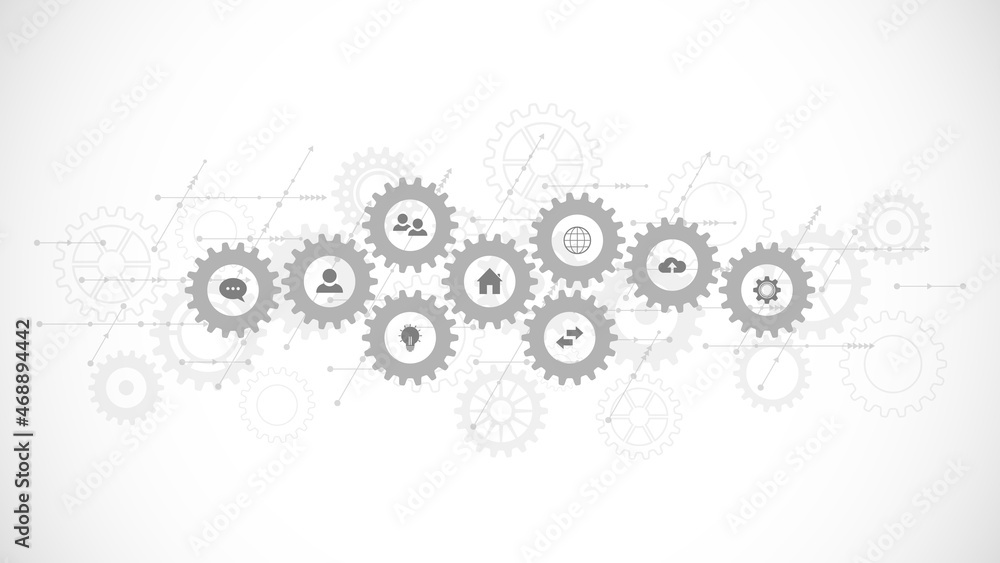 Information technology concept with infographic elements and flat icons. Cogs and gear wheel mechanisms. Hi-tech digital technology and engineering. Abstract technical background Information technology concept with infographic elements and flat icons. Cogs and gear wheel mechanisms. Hi-tech digital technology and engineering. Abstract technical background