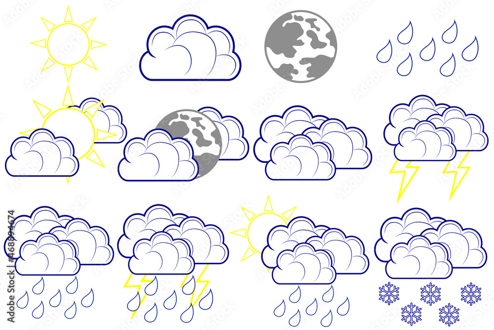 Modern set of weather icons. Vector symbols on a white background. Vector illustration. Modern set of weather icons. Vector symbols on a white background. Vector illustration.