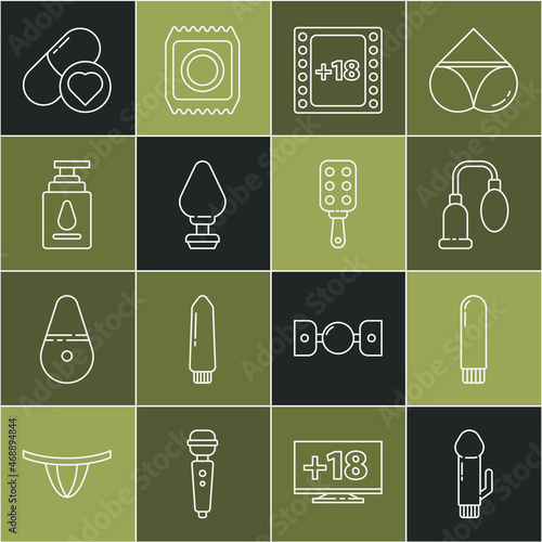 Set line Dildo vibrator, Penis pump, Play Video with 18 plus content, Anal plug, Personal lubricant, Pills for potency, aphrodisiac and Spanking paddle icon. Vector