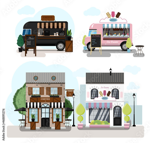 A set of vector food trucks, restaurants and cafes. Cartoon coffee house and ice-cream cafe icons. Flat design of facades. Cliparts. Facade of an ice cream parlor with a summer outdoor terrace photo