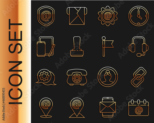 Set line Calendar with email, Chain link, Headphones, Mail and e-mail, Stamp, Phone graphic tablet, Shield and Location marker icon. Vector