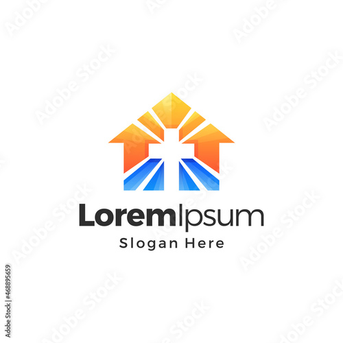 Church Gradient Color Logo. Cross and House Concept. Branding for Church, Non Profit Religion Organization, Event Humanity, Charity, etc. Premium Vector Logo Template Design