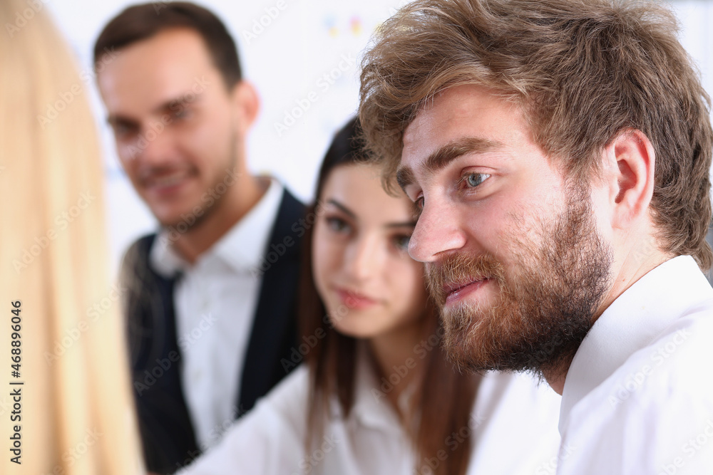 Group of people sit in office deliberate on problem Group of people sit in office deliberate on problem