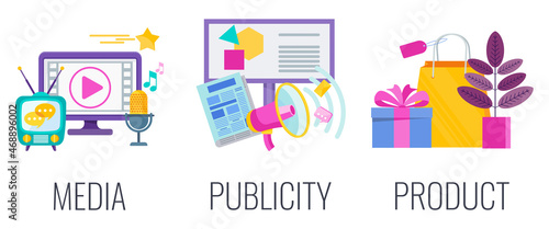 Product, media and publicity infographic flat vector illustration.