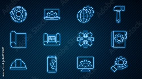 Set line Settings in the hand, User manual, Globe of Earth gear, House plan, Graphing paper for engineering, Gear arrows as workflow, Processor and Laptop icon. Vector