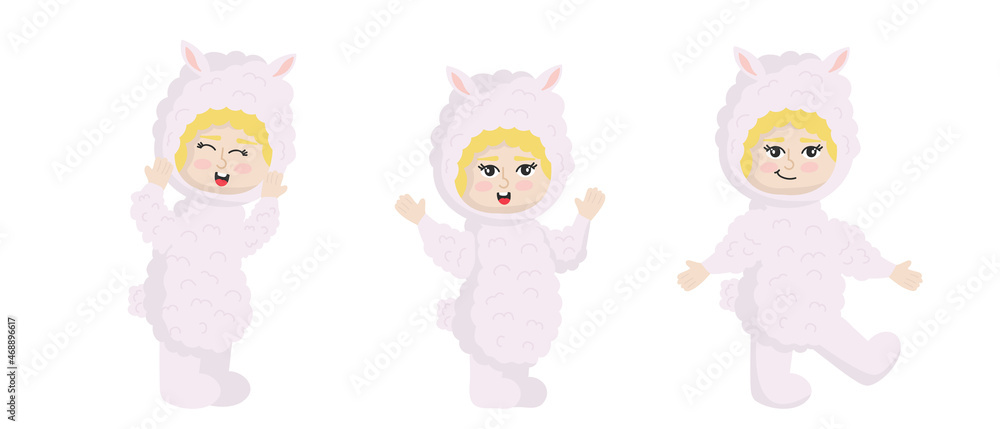 Vector illustrationisolated on white background   child in animal carnival costume. Cute cartoon baby in a lama costume in different poses.