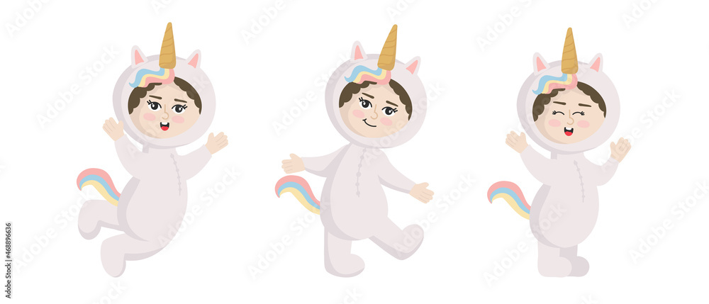 Vector illustration isolated on white background  child in animal carnival costume. Cute cartoon baby in a unicorn costume in different poses.