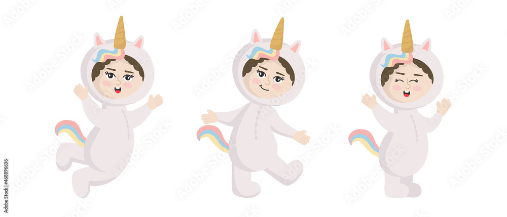 Vector illustration isolated on white background child in animal carnival costume. Cute cartoon baby in a unicorn costume in different poses. Vector illustration isolated on white background child in animal carnival costume. Cute cartoon baby in a unicorn costume in different poses.