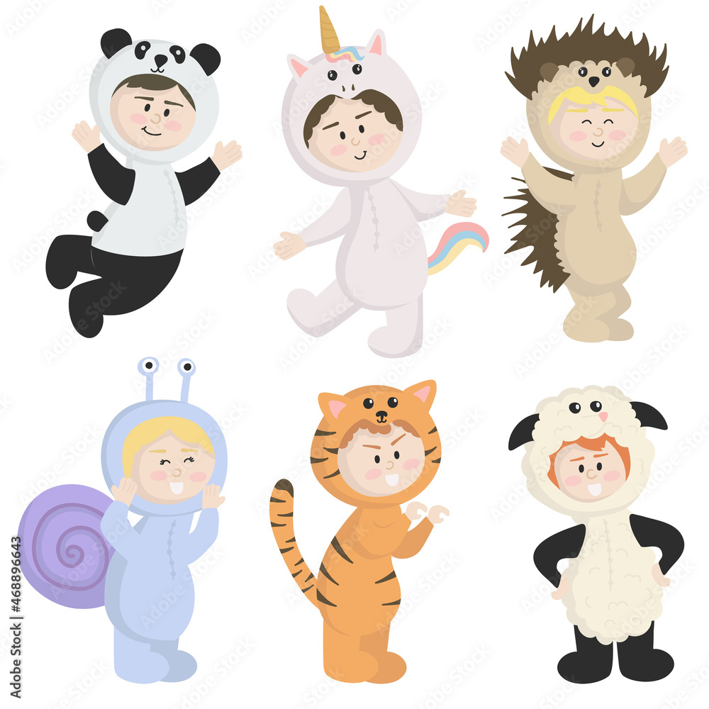 Vector isolated on white background set of children in animal costumes. Cute cartoon kids like panda, unicorn, sheep, hedgehog, tiger, snail. Vector isolated on white background set of children in animal costumes. Cute cartoon kids like panda, unicorn, sheep, hedgehog, tiger, snail.