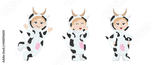 Vector illustration isolated on white background  child in animal carnival costume. Cute cartoon baby in a cow costume in different poses