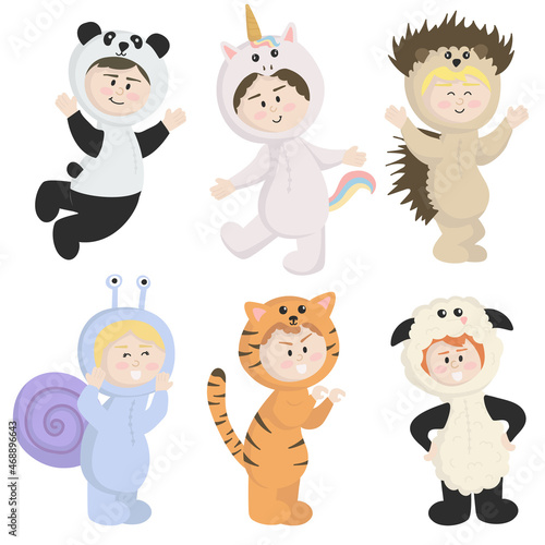 Vector isolated on white background   set of children in animal costumes. Cute cartoon kids like panda, unicorn, sheep, hedgehog, tiger, snail.