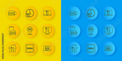 Set line Online ordering and delivery, Round the clock, burger, Cafe restaurant location, and icon. Vector