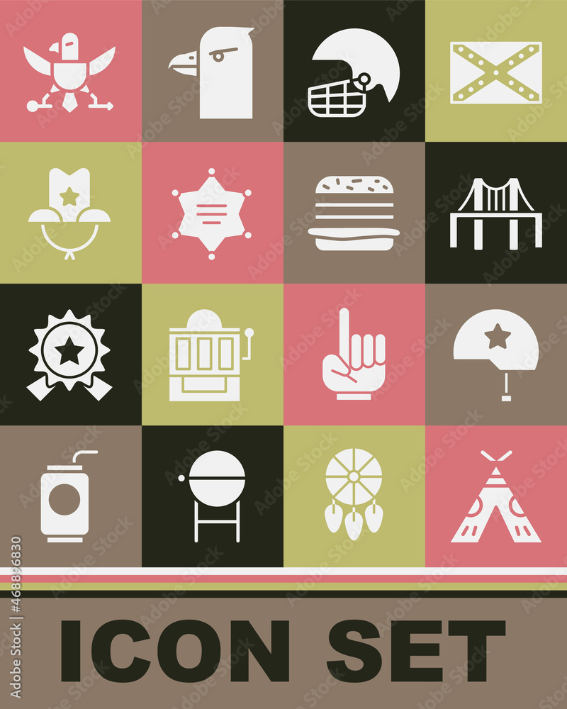 Set Indian teepee or wigwam, Military helmet, Golden gate bridge, American football, Hexagram sheriff, Western cowboy hat, Eagle and Burger icon. Vector Set Indian teepee or wigwam, Military helmet, Golden gate bridge, American football, Hexagram sheriff, Western cowboy hat, Eagle and Burger icon. Vector