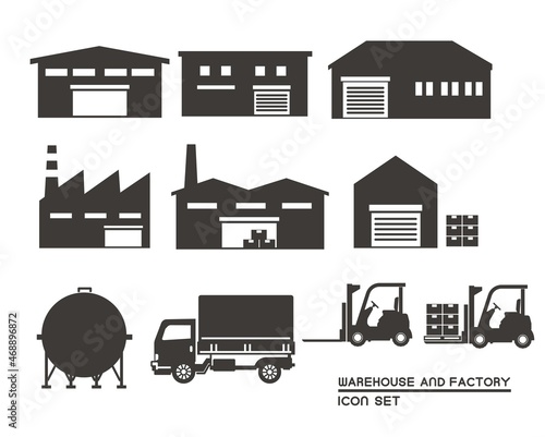 倉庫や工場、トラックやフォークリフトなどのベクターイラスト素材／工場／倉庫／運搬／運送／シンプル／シルエット