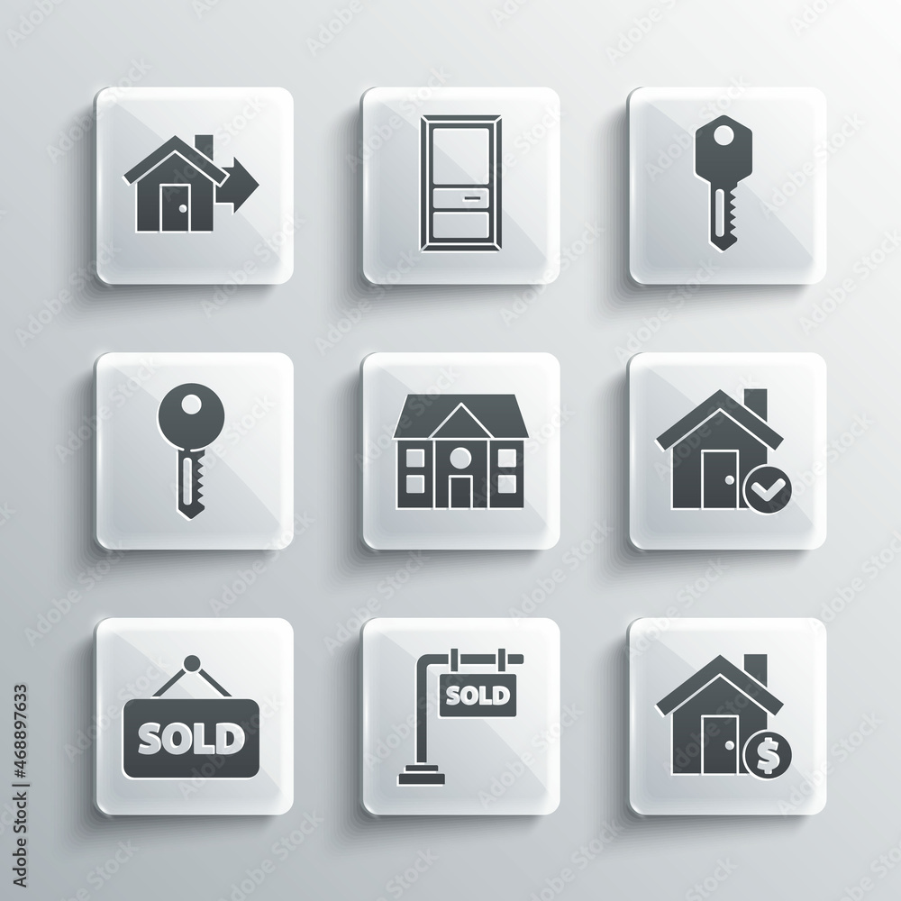 Set Hanging sign with Sold, House dollar symbol, check mark, text, key, Sale house and icon. Vector Set Hanging sign with Sold, House dollar symbol, check mark, text, key, Sale house and icon. Vector
