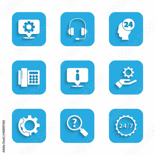 Set Information, Unknown search, Clock 24 hours, Settings in the hand, Telephone support, Support operator touch and Location with gear icon. Vector